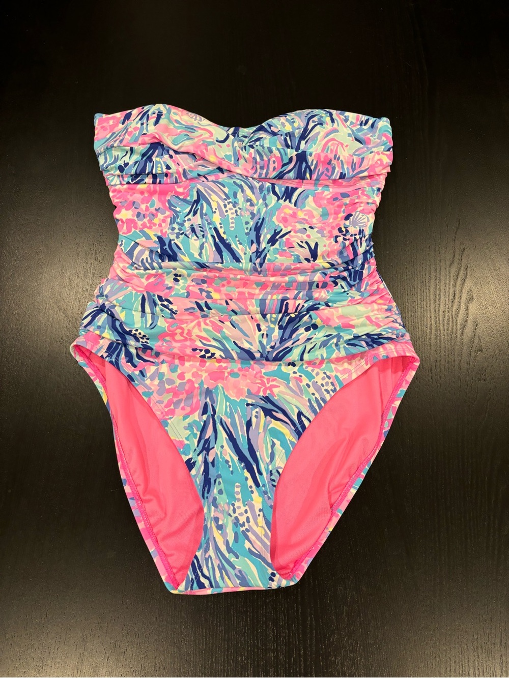 Lilly Pulitzer Flamenco One Piece Swim Suit Pink Blue White Ruched Sides Women 8